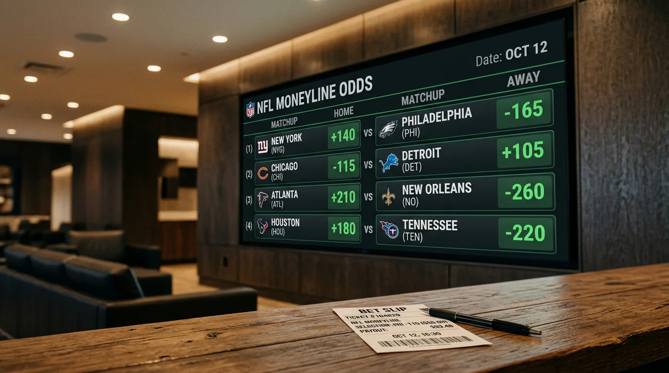 Pantalla de casa de apuestas mostrando cuotas moneyline NFL con equipos favorito y underdog