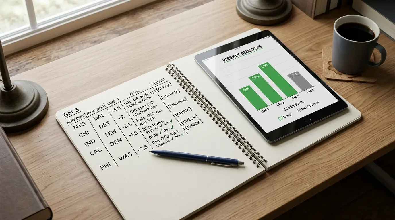 Persona analizando datos de partidos NFL en un cuaderno con anotaciones de cuotas y estadísticas