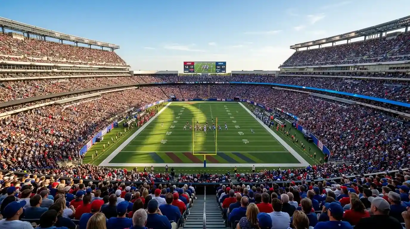 Estadio de fútbol americano NFL con grada llena y marcador electrónico durante un partido de temporada regular